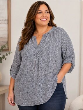 Dalia Blouse Multicolor Geometric Pattern ¾ Sleeves, Split Neck Pull Over
